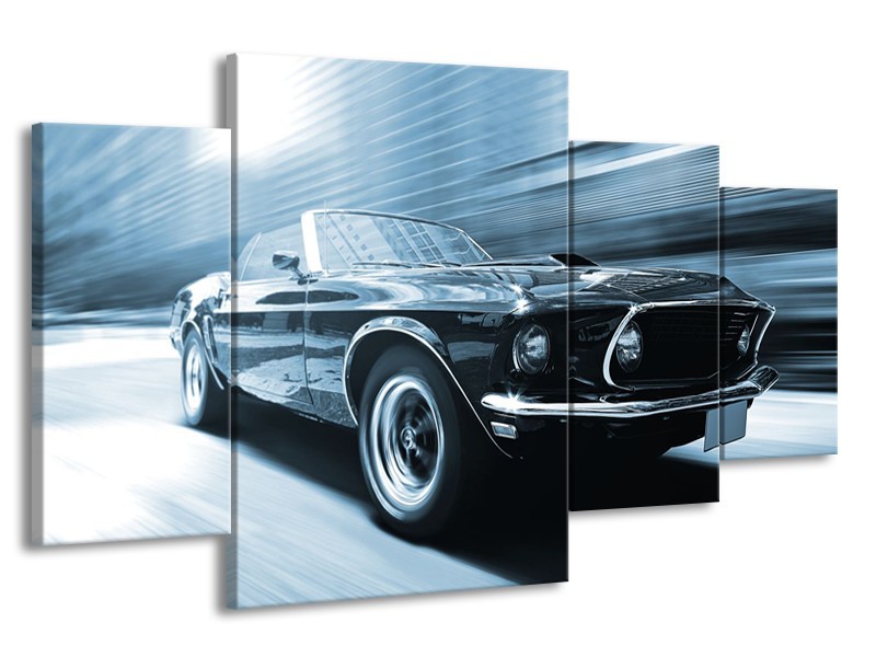 Canvas Schilderij Auto, Mustang | Blauw, Wit | 160x90cm 4Luik