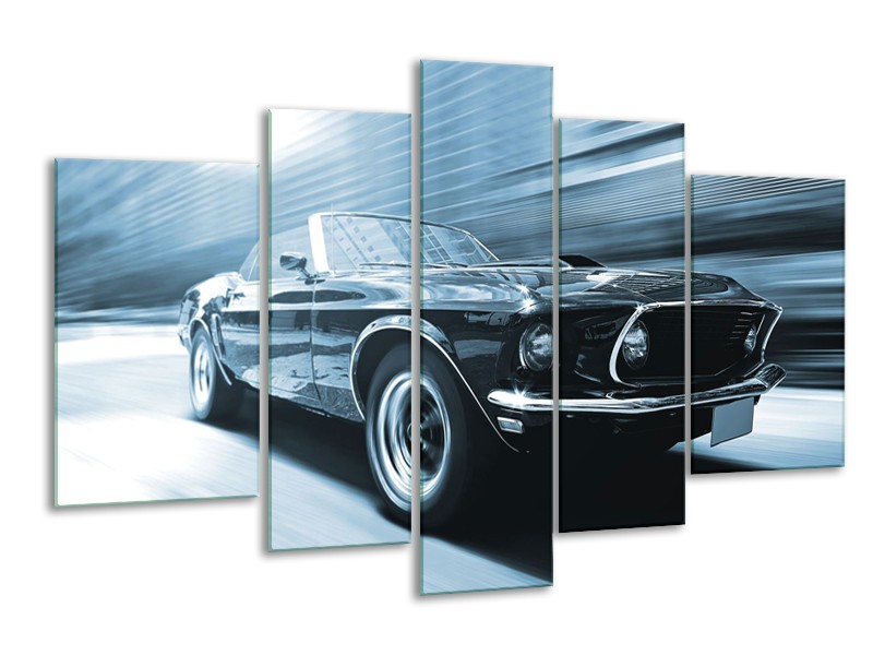 Canvas Schilderij Auto, Mustang | Blauw, Wit | 170x100cm 5Luik