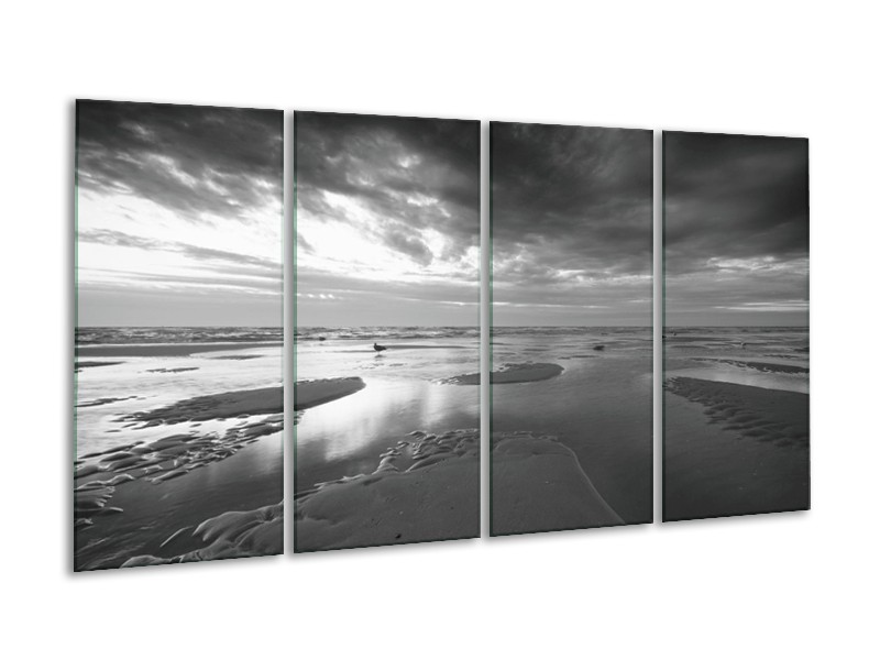 Canvas Schilderij Zee | Grijs, Zwart, Wit | 160x80cm 4Luik