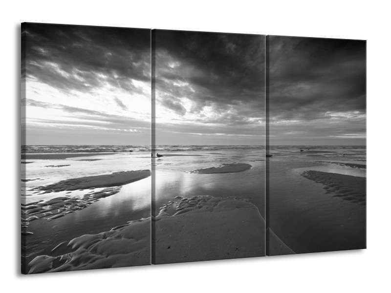 Canvas Schilderij Zee | Grijs, Zwart, Wit | 165x100cm 3Luik