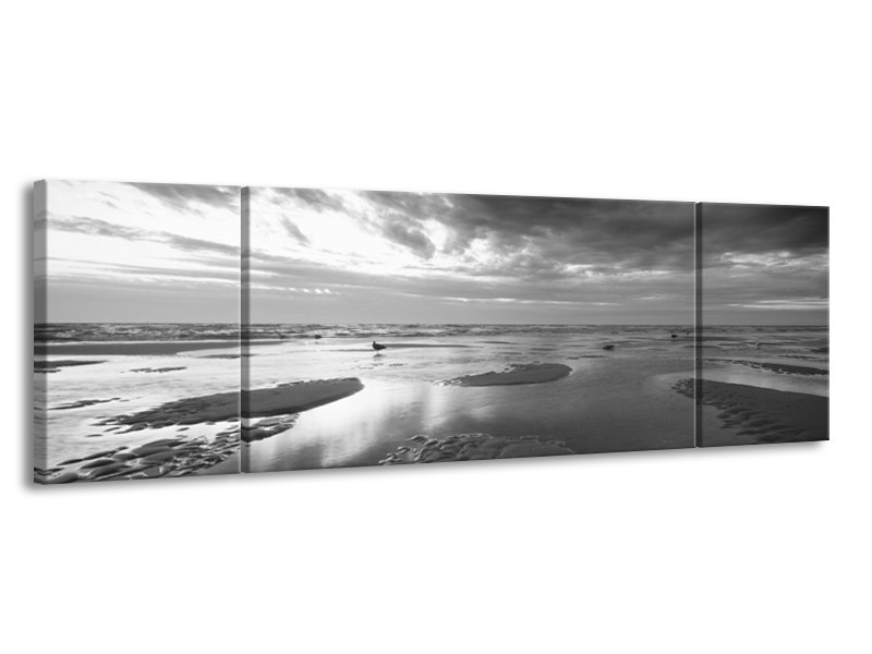 Canvas Schilderij Zee | Grijs, Zwart, Wit | 170x50cm 3Luik