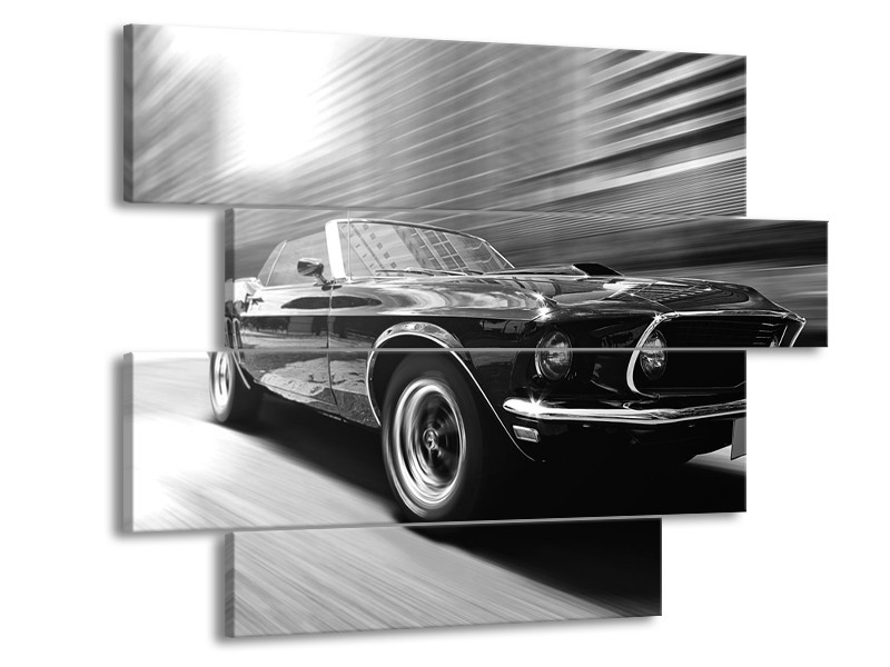 Canvas Schilderij Auto, Mustang | Zwart, Grijs | 115x85cm 4Luik