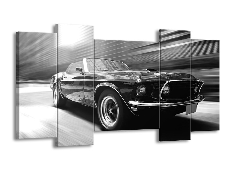 Canvas Schilderij Auto, Mustang | Zwart, Grijs | 120x65cm 5Luik