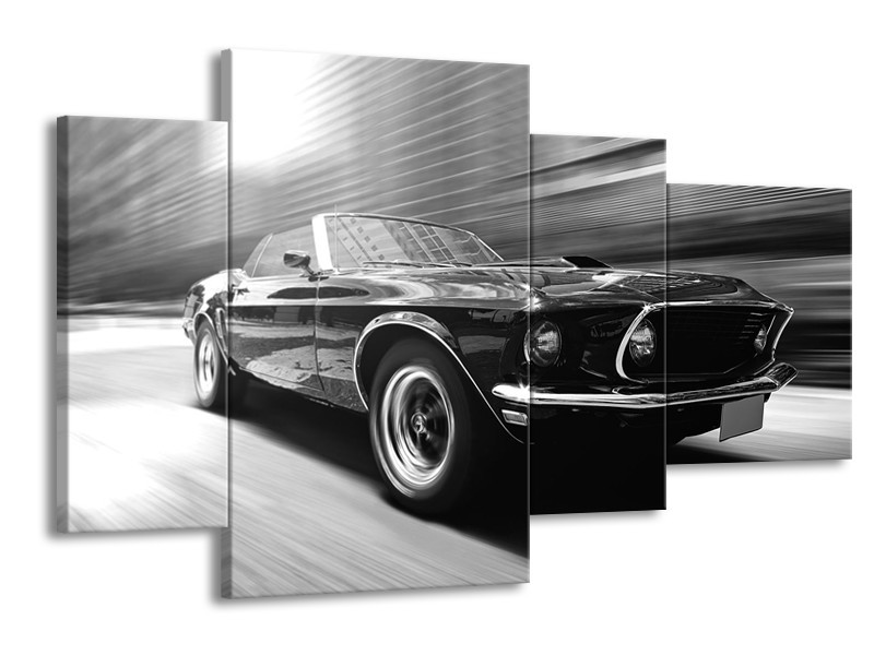 Canvas Schilderij Auto, Mustang | Zwart, Grijs | 120x75cm 4Luik