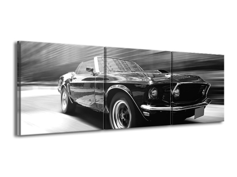 Canvas Schilderij Auto, Mustang | Zwart, Grijs | 150x50cm 3Luik