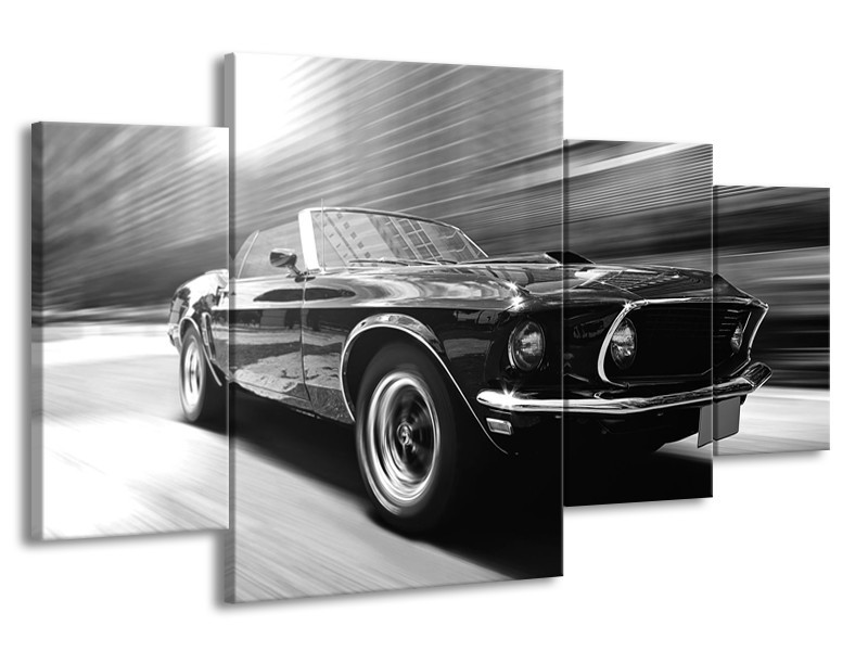 Canvas Schilderij Auto, Mustang | Zwart, Grijs | 160x90cm 4Luik