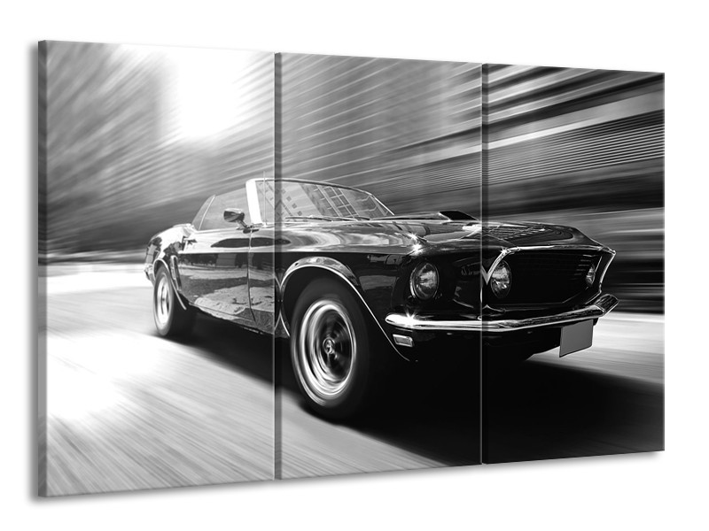 Canvas Schilderij Auto, Mustang | Zwart, Grijs | 165x100cm 3Luik