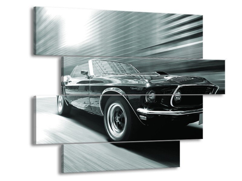 Canvas Schilderij Auto, Mustang | Grijs, Groen, Zwart | 115x85cm 4Luik