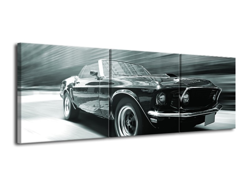 Canvas Schilderij Auto, Mustang | Grijs, Groen, Zwart | 120x40cm 3Luik