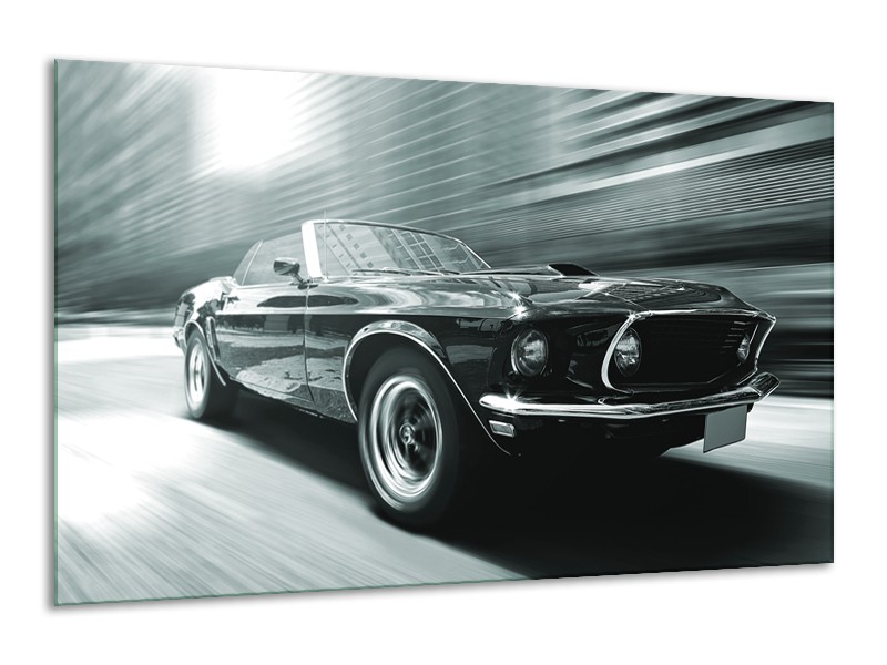 Glasschilderij Auto, Mustang | Grijs, Groen, Zwart | 120x70cm 1Luik
