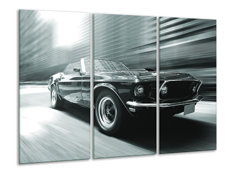 Glasschilderij Auto, Mustang | Grijs, Groen, Zwart | 120x80cm 3Luik