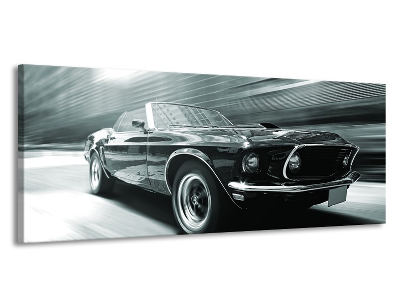 Glasschilderij Auto, Mustang | Grijs, Groen, Zwart | 145x58cm 1Luik