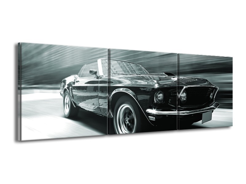 Glasschilderij Auto, Mustang | Grijs, Groen, Zwart | 150x50cm 3Luik