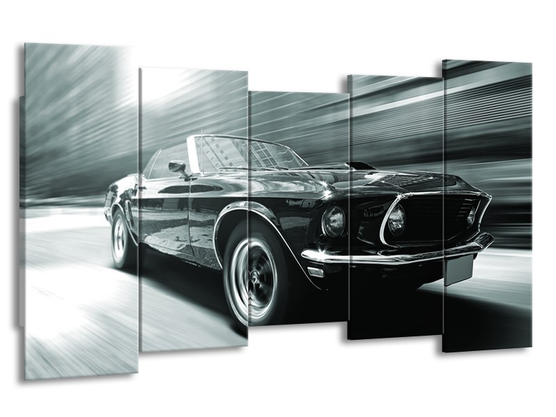 Canvas Schilderij Auto, Mustang | Grijs, Groen, Zwart | 150x80cm 5Luik