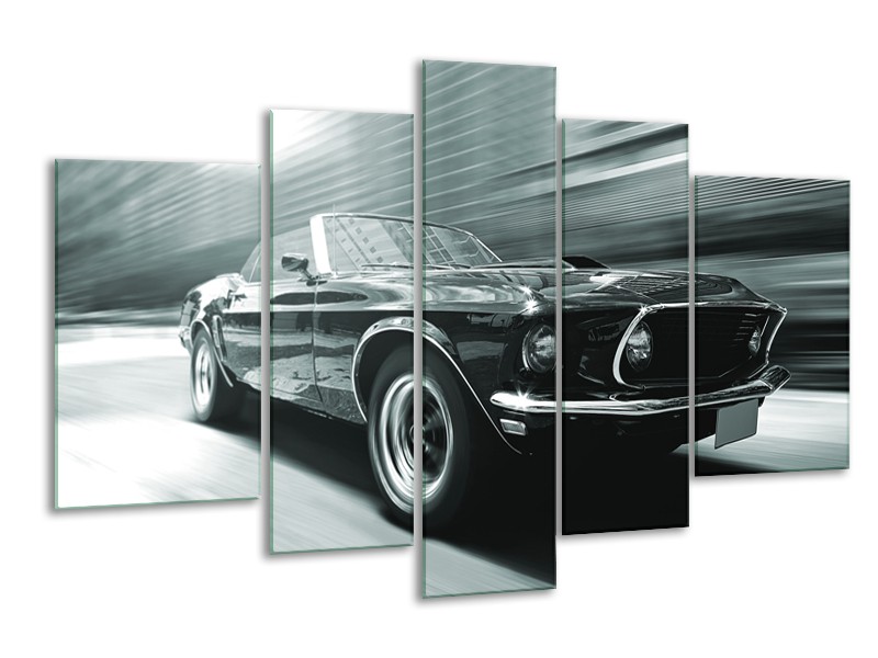 Canvas Schilderij Auto, Mustang | Grijs, Groen, Zwart | 170x100cm 5Luik