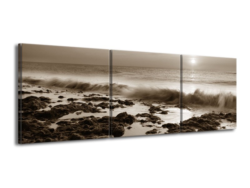 Canvas Schilderij Zee, Strand | Sepia | 150x50cm 3Luik