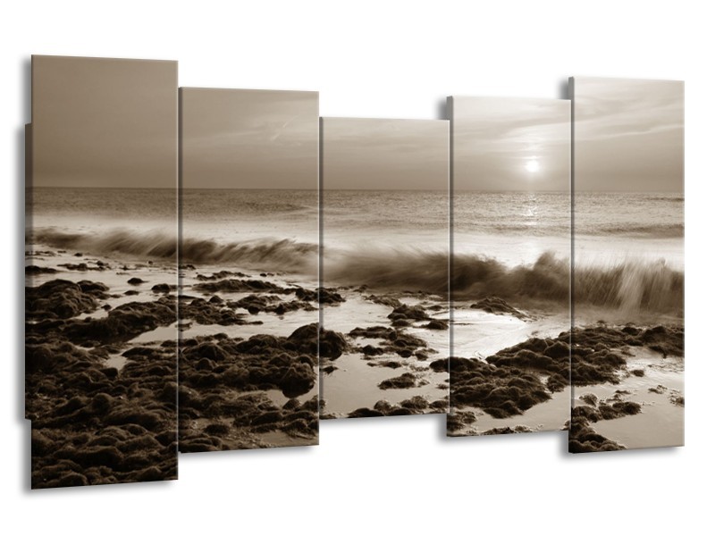 Canvas Schilderij Zee, Strand | Sepia | 150x80cm 5Luik