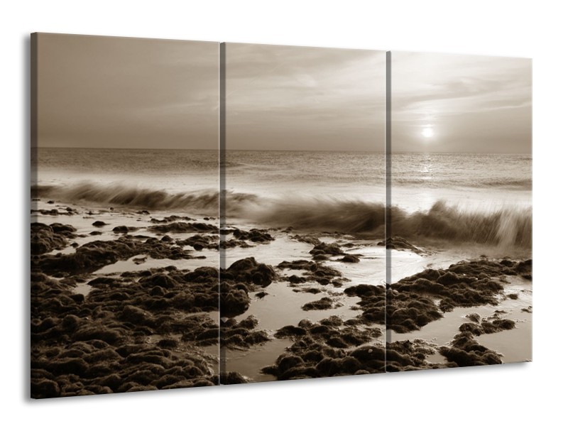 Canvas Schilderij Zee, Strand | Sepia | 165x100cm 3Luik