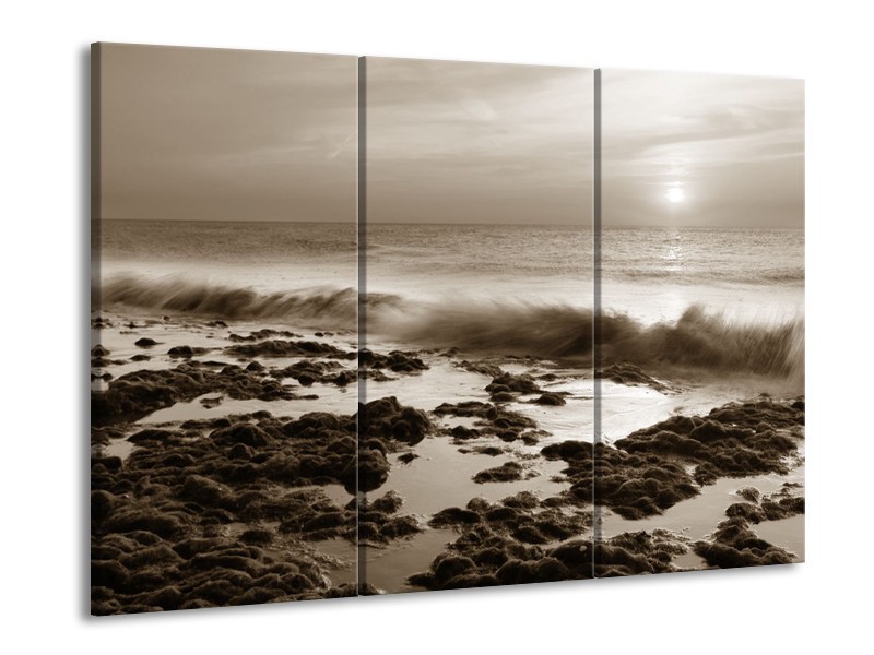 Canvas Schilderij Zee, Strand | Sepia | 60x90cm 3Luik