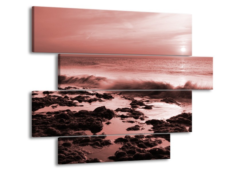 Canvas Schilderij Zee, Strand | Bruin, Rood | 115x85cm 4Luik