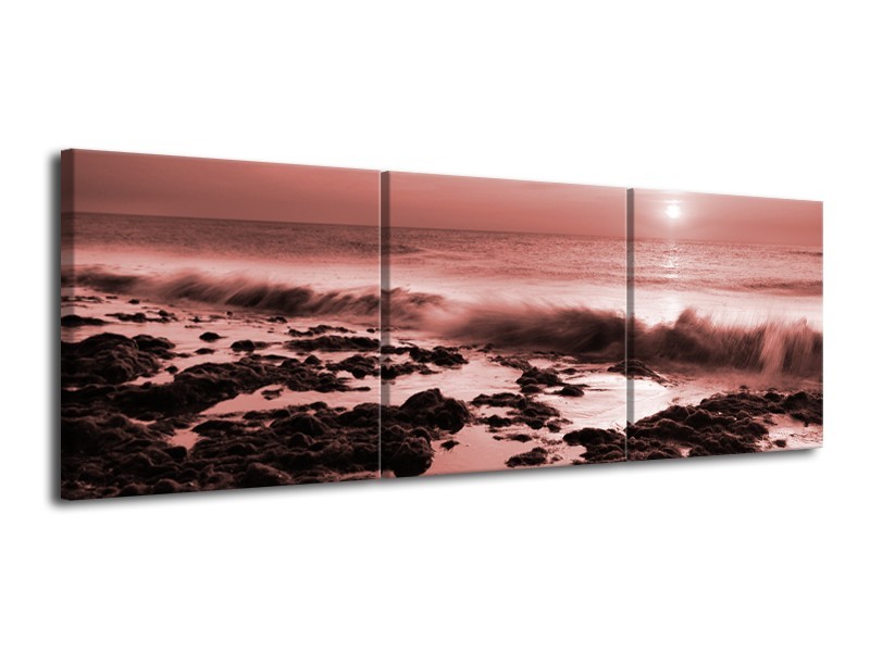 Canvas Schilderij Zee, Strand | Bruin, Rood | 120x40cm 3Luik
