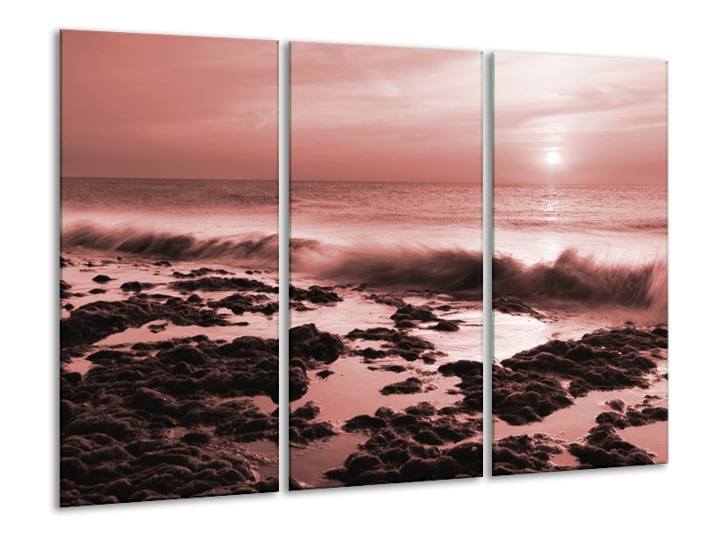 Canvas Schilderij Zee, Strand | Bruin, Rood | 120x80cm 3Luik