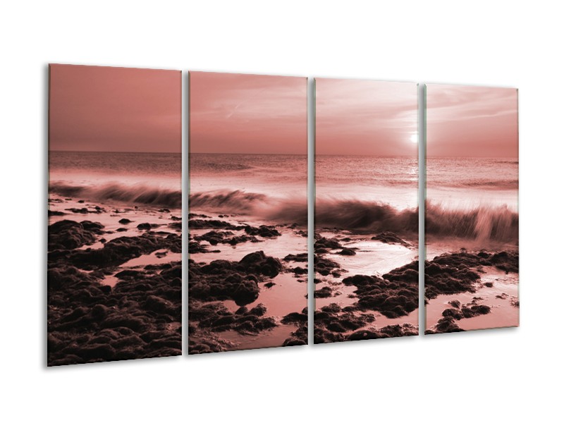 Canvas Schilderij Zee, Strand | Bruin, Rood | 160x80cm 4Luik