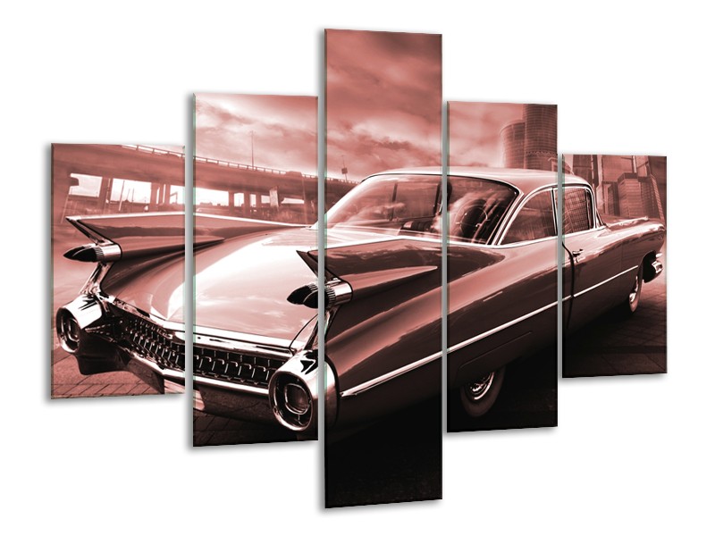 Glasschilderij Auto, Oldtimer | Bruin, Rood | 100x70cm 5Luik