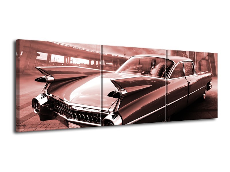 Canvas Schilderij Auto, Oldtimer | Bruin, Rood | 120x40cm 3Luik