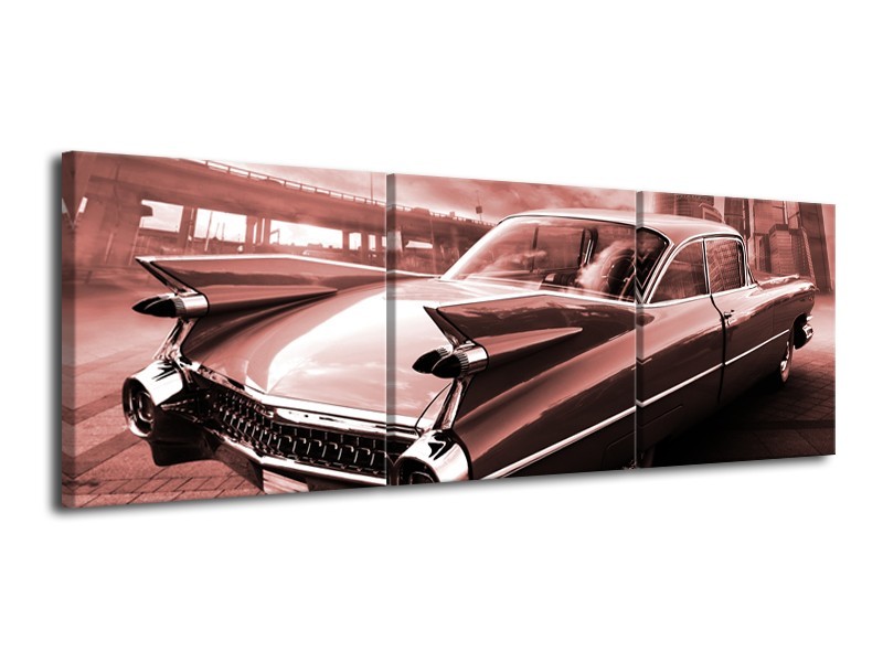 Glasschilderij Auto, Oldtimer | Bruin, Rood | 120x40cm 3Luik