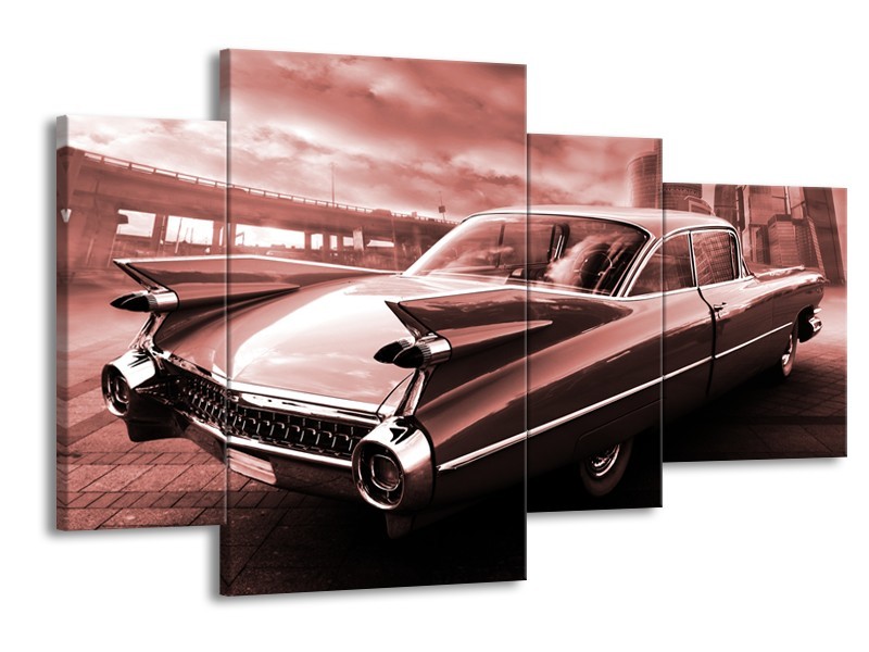 Glasschilderij Auto, Oldtimer | Bruin, Rood | 120x75cm 4Luik