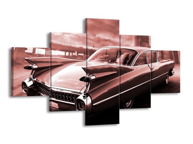 Canvas Schilderij Auto, Oldtimer | Bruin, Rood | 125x70cm 5Luik