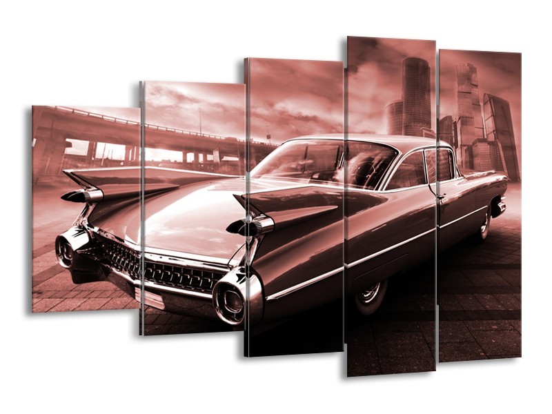 Glasschilderij Auto, Oldtimer | Bruin, Rood | 150x100cm 5Luik