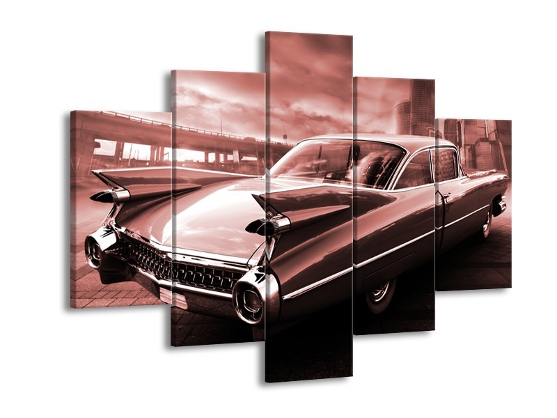 Glasschilderij Auto, Oldtimer | Bruin, Rood | 150x105cm 5Luik