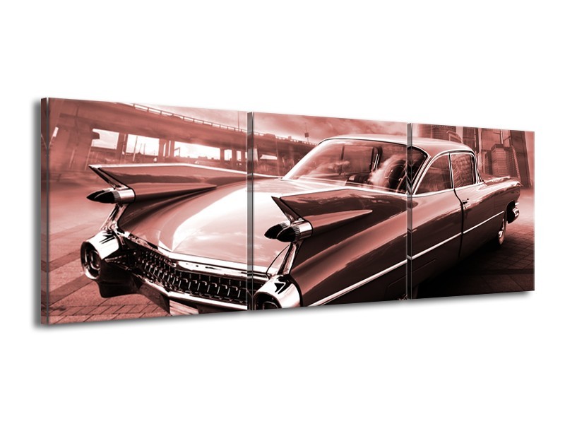 Canvas Schilderij Auto, Oldtimer | Bruin, Rood | 150x50cm 3Luik