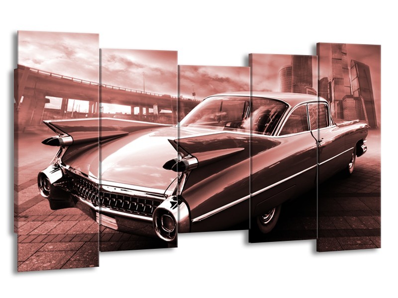 Canvas Schilderij Auto, Oldtimer | Bruin, Rood | 150x80cm 5Luik