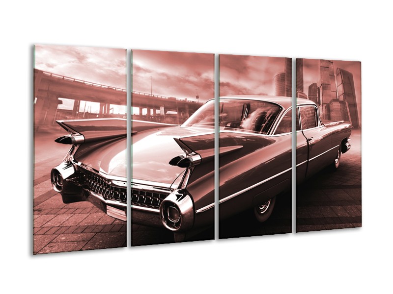 Canvas Schilderij Auto, Oldtimer | Bruin, Rood | 160x80cm 4Luik