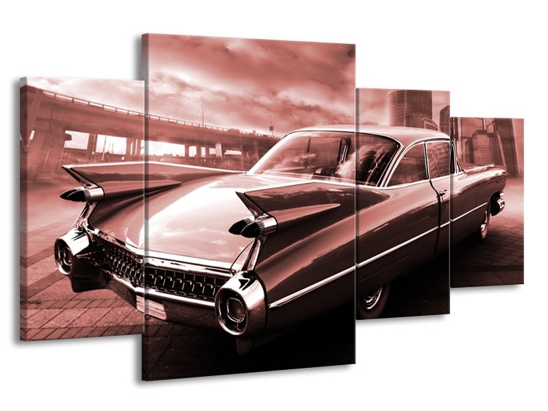 Canvas Schilderij Auto, Oldtimer | Bruin, Rood | 160x90cm 4Luik