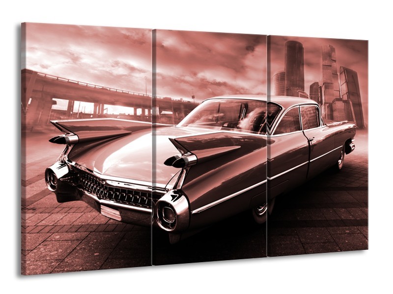 Glasschilderij Auto, Oldtimer | Bruin, Rood | 165x100cm 3Luik