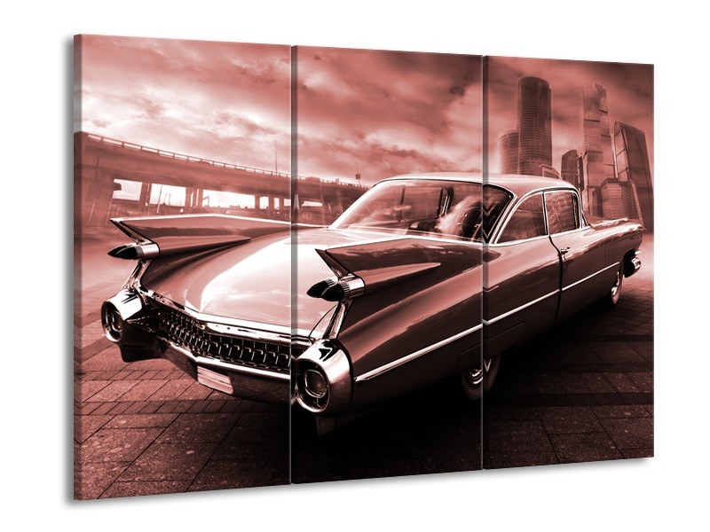 Canvas Schilderij Auto, Oldtimer | Bruin, Rood | 60x90cm 3Luik