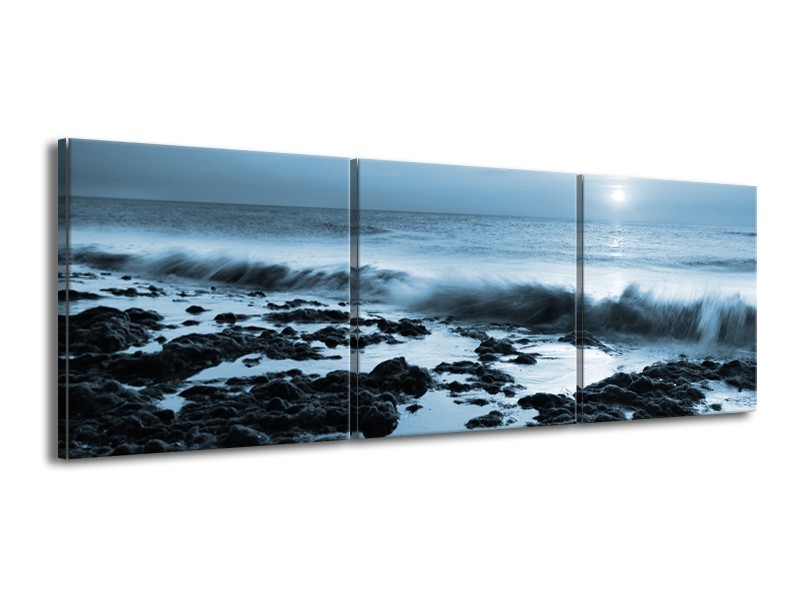 Canvas Schilderij Zee, Strand | Blauw | 150x50cm 3Luik