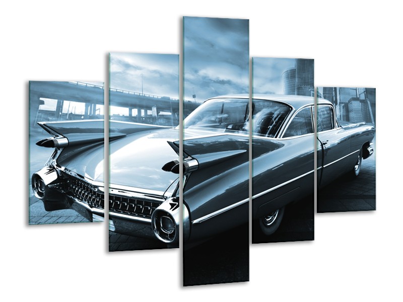 Glasschilderij Auto, Oldtimer | Blauw | 100x70cm 5Luik