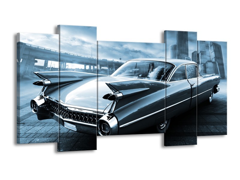 Canvas Schilderij Auto, Oldtimer | Blauw | 120x65cm 5Luik