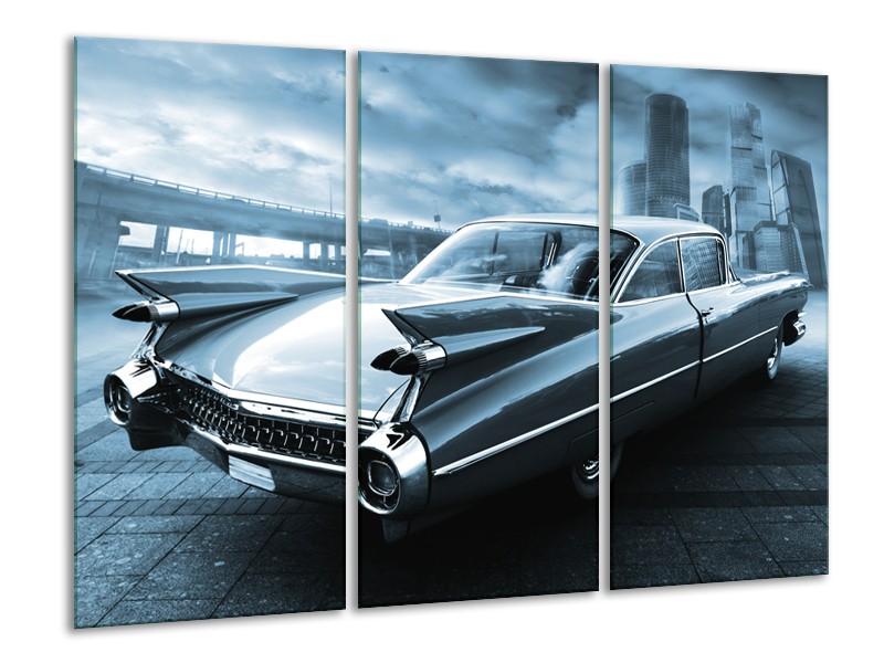 Canvas Schilderij Auto, Oldtimer | Blauw | 120x80cm 3Luik