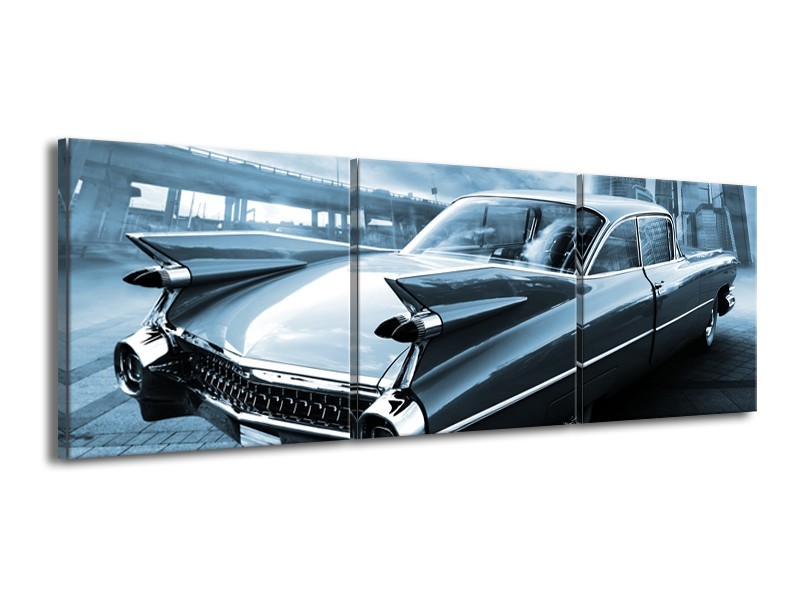 Canvas Schilderij Auto, Oldtimer | Blauw | 150x50cm 3Luik