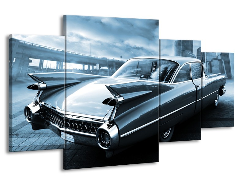 Canvas Schilderij Auto, Oldtimer | Blauw | 160x90cm 4Luik