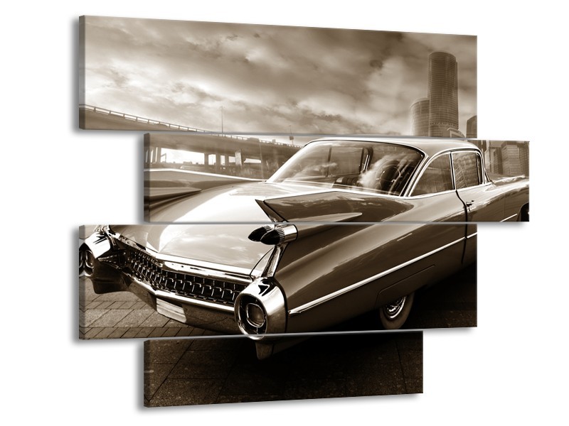 Canvas Schilderij Auto, Oldtimer | Sepia | 115x85cm 4Luik