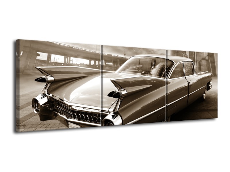 Canvas Schilderij Auto, Oldtimer | Sepia | 120x40cm 3Luik