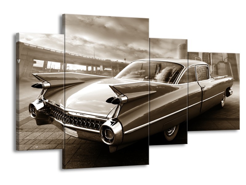 Canvas Schilderij Auto, Oldtimer | Sepia | 120x75cm 4Luik