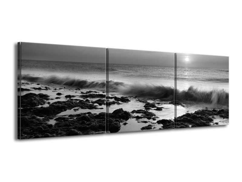 Canvas Schilderij Zee, Strand | Zwart, Grijs | 150x50cm 3Luik